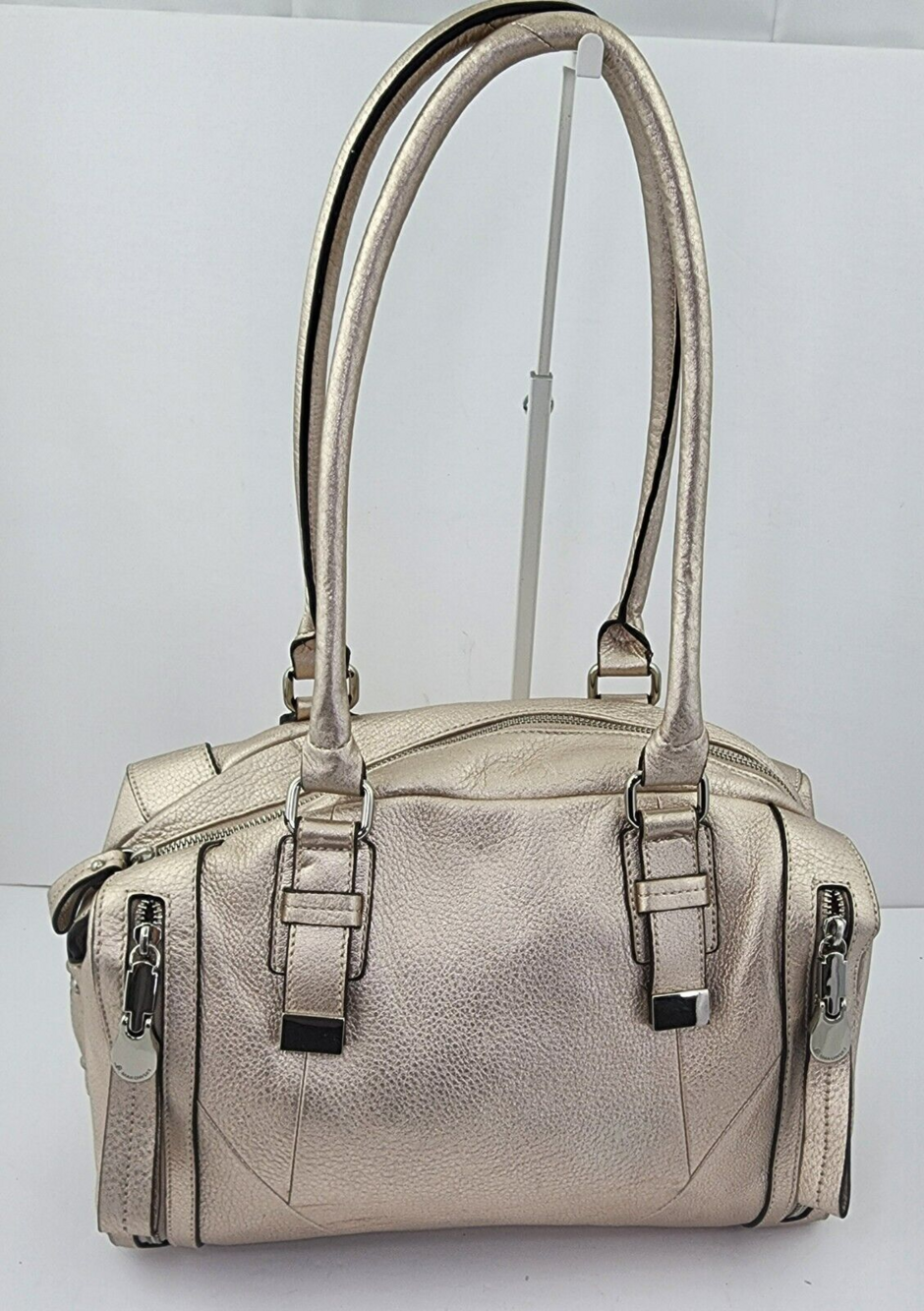 B. Makowsky Used Metallic Rose Gold Pebbled Leather Tote/Satchel Zippers/Pockets